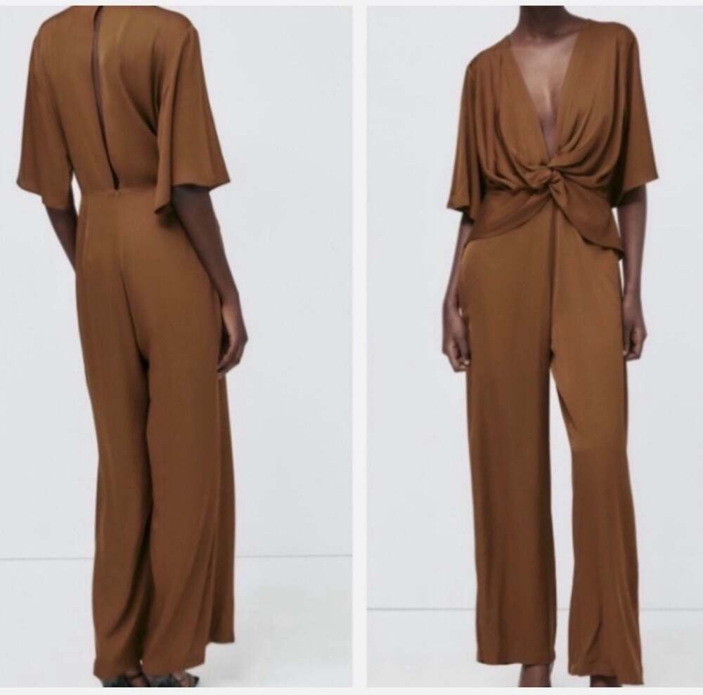 Zara Satin Effect Twisted Detail Plunging Neckline Jumpsuit